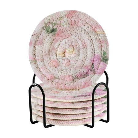 

6 Pcs Drink Coasters with Holder Absorbent Coasters Minimalist Home Decor Coaster Set Stylish Handmade Round Woven Coaster for Drinks Table Desk Protection Pink and White Table