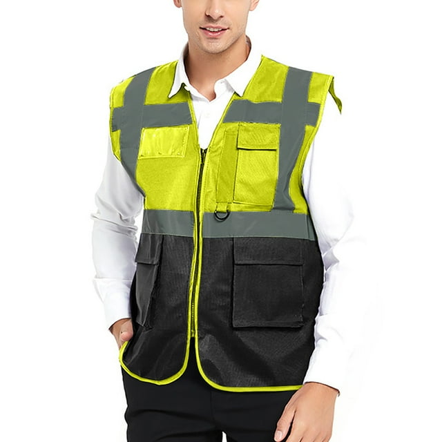 GOGO 5 Pockets High Visibility Safety Vest with Reflective Strips, Working Uniform Vest-Neon Lime Black-L