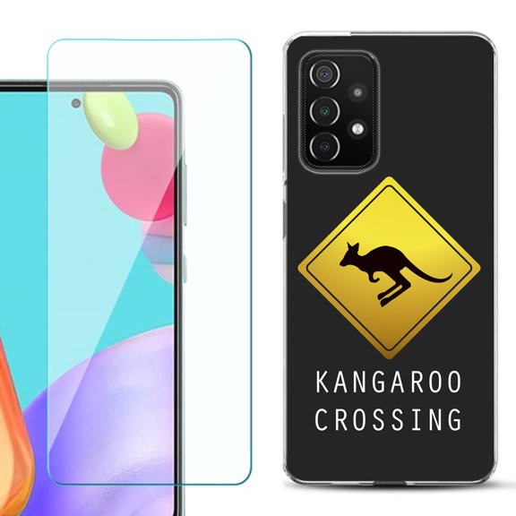 Slim-Fit Flexible Gel TPU Phone Case compatible with Samsung Galaxy A52 5G, with Tempered Glass Screen Protector, by OneToughShield ® - Road Sign Kangaroo