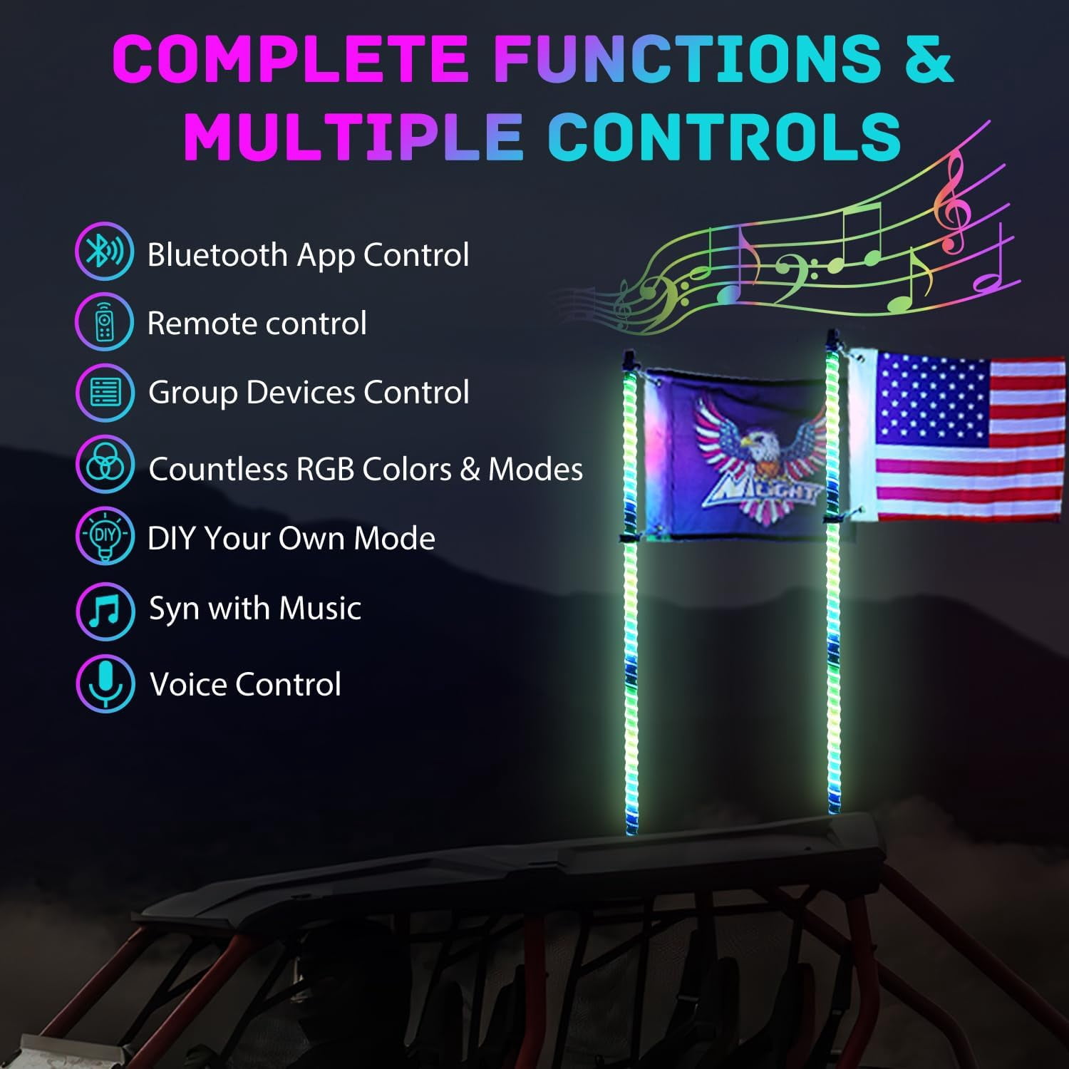 Nilight LED Whip Light 2 PCS 4FT COB RGB Lighted Antenna Whips with Spring Base Remote & App Control DIY Patterns Turn Brake Reverse Lights for Can-am Offroad ATV UTV RZR Polaris Dune Buggy Truck