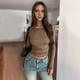 thumbnail image 4 of Blusas de Cuello para Mujer, Camisas de Larga con Pliegues en la Cintura, Camisetas Casuales Ajustadas, Ropa Básica de Otoño de Colores Sólidos Marrón S, 4 of 10