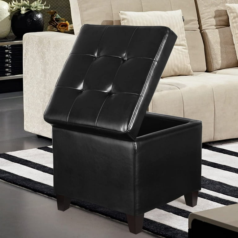 Black PU Leather Square Storage Ottoman Lift Top Footstool with