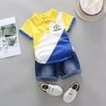 thumbnail image 2 of Toddler Boy 2Pcs Summer Outfits Infant Newborn Baby Short Sleeve Button Down Shirt and Denim Shorts Set Block Color 3 Months-4 Years, 2 of 8