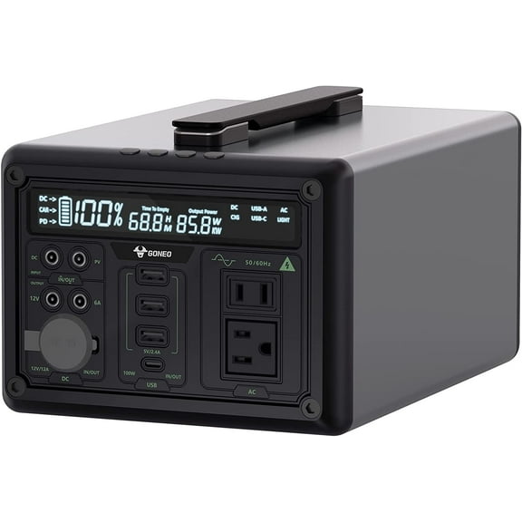 GONEO Portable Power Station 607Wh Capacity with 110V/600W AC Outlet (1,000W Peak), 5dB Low Noise, 6.5 inch LED Panel, Solar Generator for Outdoor Camping Travel Emergency Home Blackout