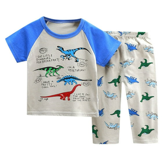 XUELUO Toddler Boys Casual Outfit Sets Summer Cartoon Dinosaur Print Crew Neck Short Sleeve T Shirt Tops And Pants 2 Piece Sportwear,Blue,2-3 Years