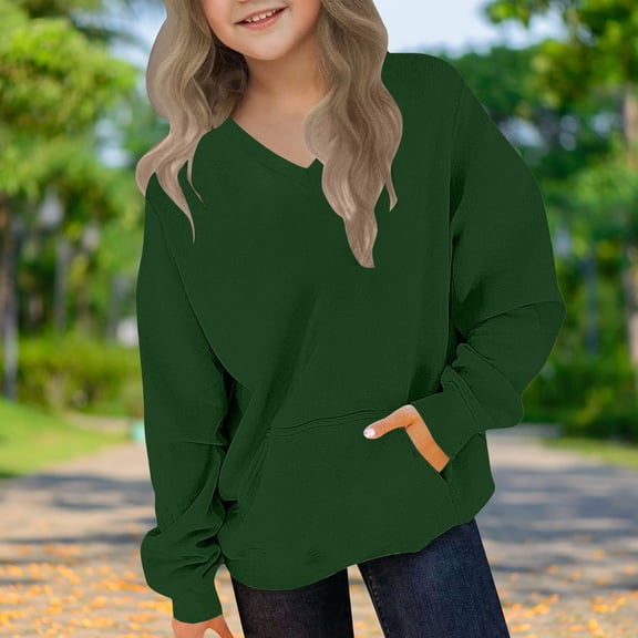 ATOGUTA Teen Sweatshirts V Neck Long Sleeve T-Shirts with Cute Casual Tees for Everyday Size 2T-12, Green