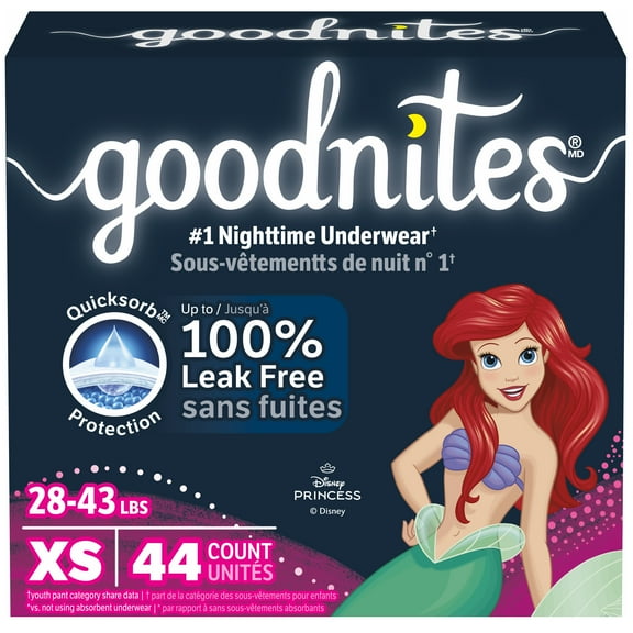 Goodnites Girls' Nighttime Bedwetting Underwear, Size XS (28-43 lbs), 44 Ct