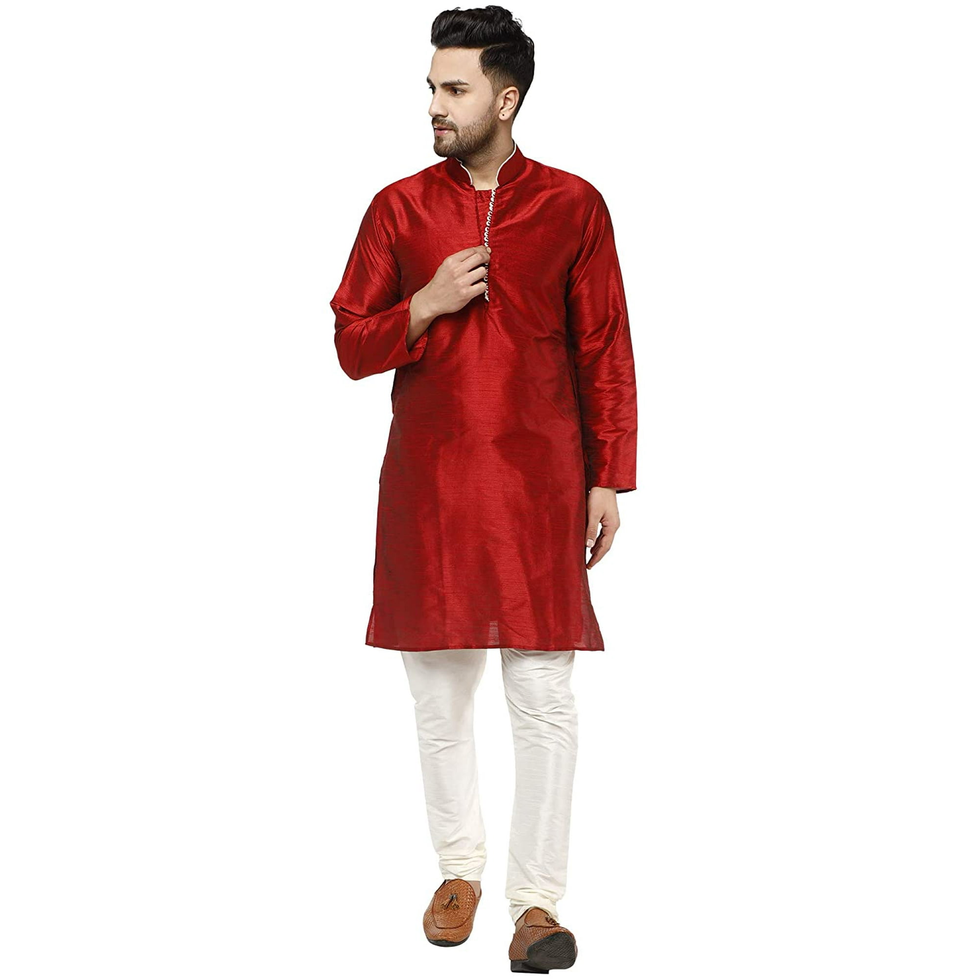 SKAVIJ Men s Kurta Pajama Set Art Silk Indian Wedding Party Dress Red S Walmart