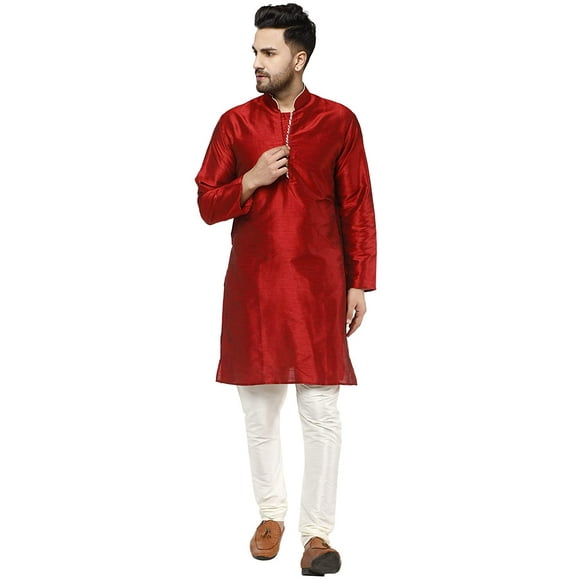 SKAVIJ Men's Kurta Pajama Set Art Silk Indian Wedding Party Dress Red M