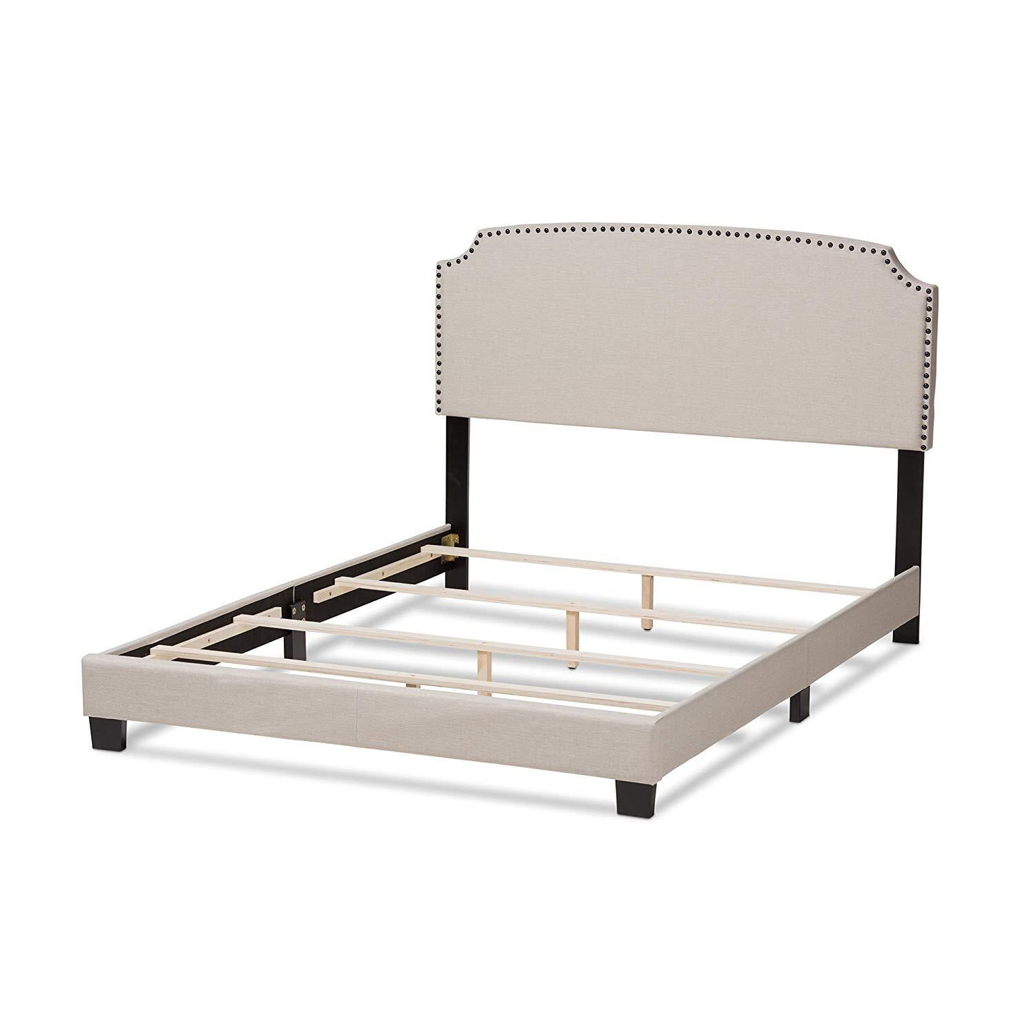 Queen Bed Frame Upholstered Beige Modern Nailhead Trim Headboard