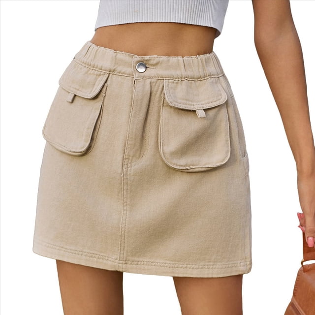 Faldas para Mujer, Estilo Y2k, Minifalda Vaquera de Cintura Alta, Pantalones Cortos Vaqueros Elásticos Caqui Superficial XL
