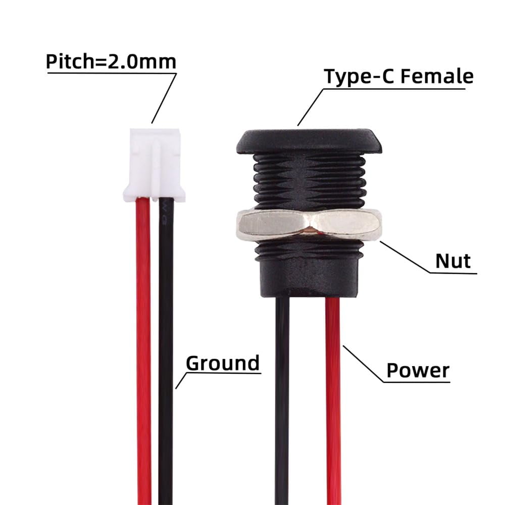 JJEAN-5pcs DIY OEM Type C Female Socket to 2Pin Header Wire Extension DC 5V Power Cord Pitch=2.0mm Panel Mount USB C Waterproof Jack 17.5cm