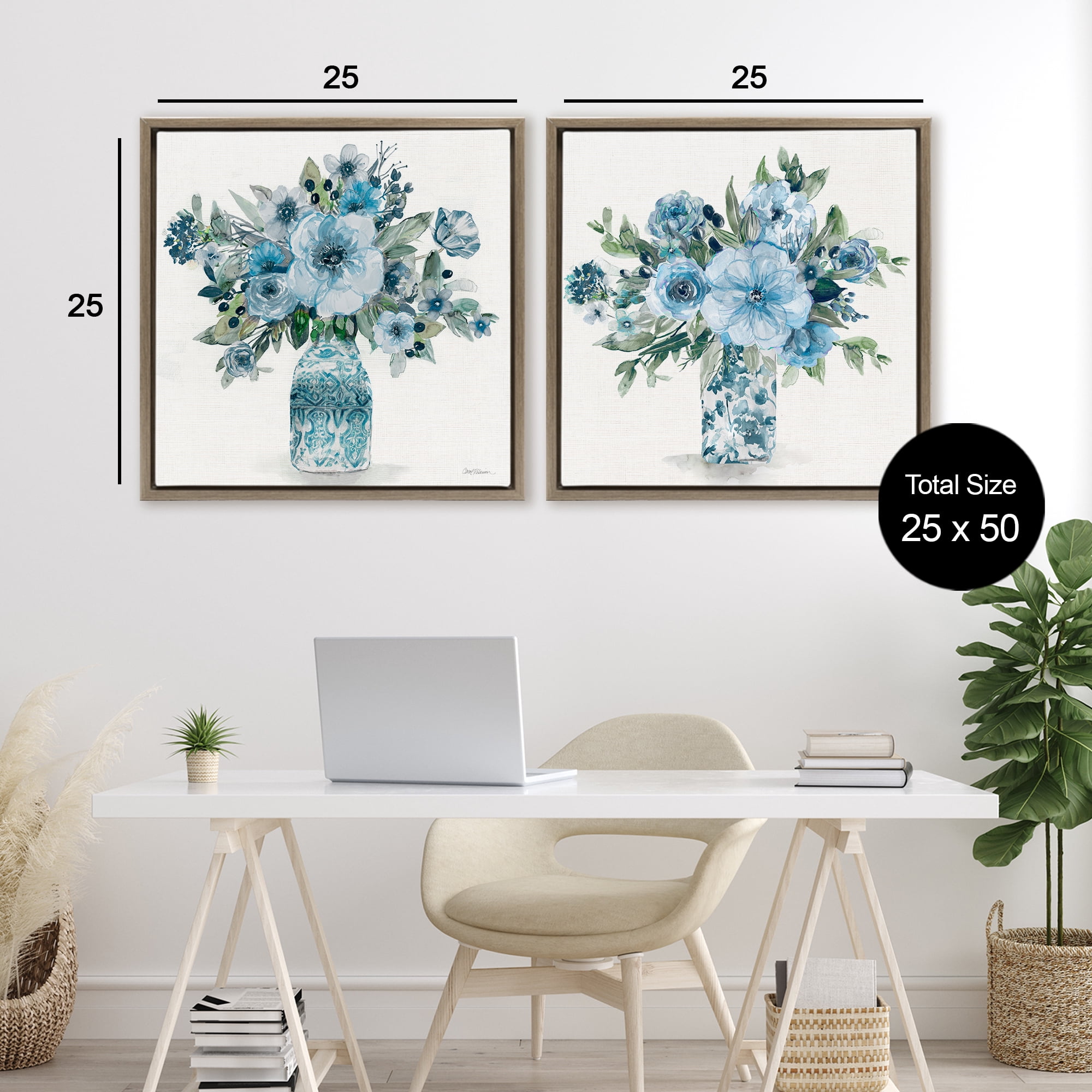 Stupell Industries Pastel Blue Floral Vase Arrangements 2 Piece Brown Framed Floater Canvas Set, design by Carol Robinson