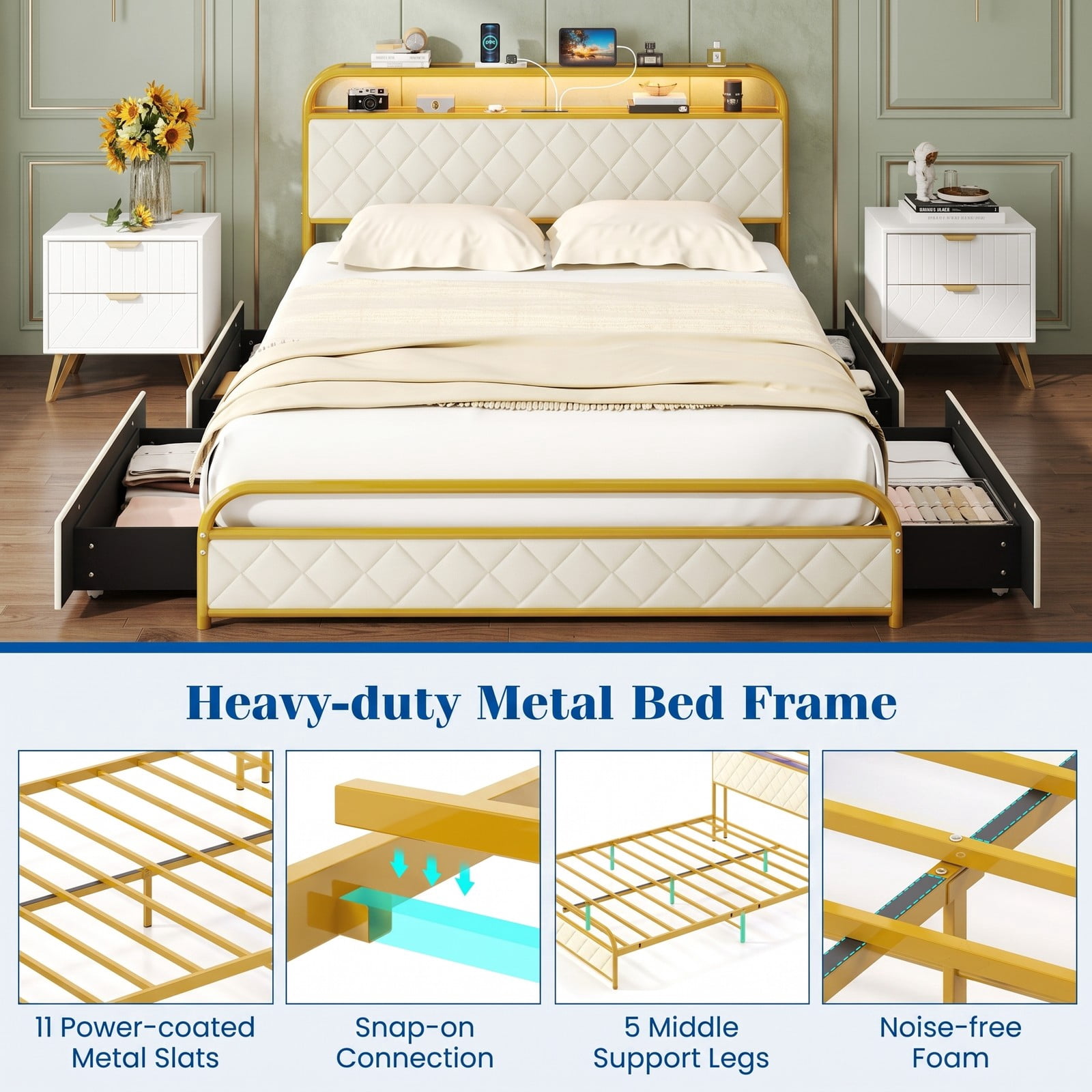 Furnibear Queen Size Bed Frame with LED Lights Charging Station 4 Drawers and Upholstered Headboard, Queen Platform Bed Frame for Bedroom, Gold