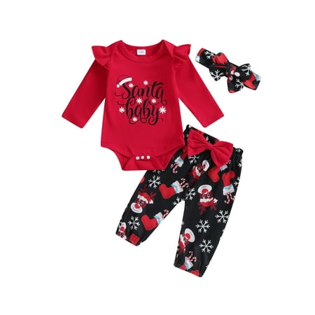 

Baby Girls Christmas Flying Sleeve Romper and Pants Headband