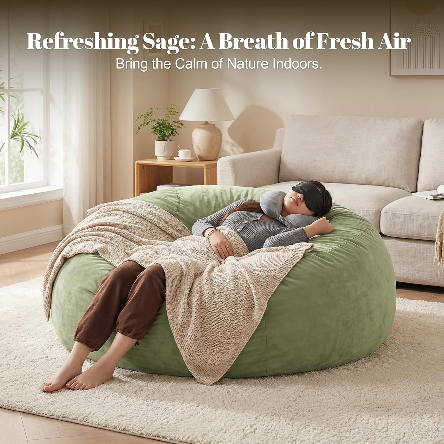 5-Foot Oversized Sage Bean Bag Chair for Adults with Premium Shredded Foam Filler, Machine Washable Cover