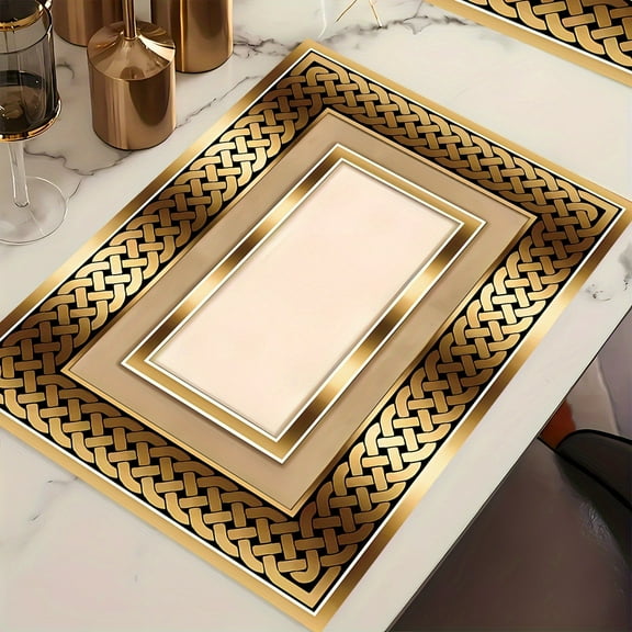 Placemats Set of 4 Vinyl/Plastic Woven Place Mats for Kitchen Table Indoor/Outdoor Washable Placemat Wipeable Dining Table Mats(Gold Cube)