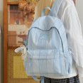thumbnail image 5 of Stripe School Backpack, Bowknot Embroidery Bag with Drawstring Side Pockets, Lightweight Breathable Bookbag for College Travel (Blue), 5 of 7