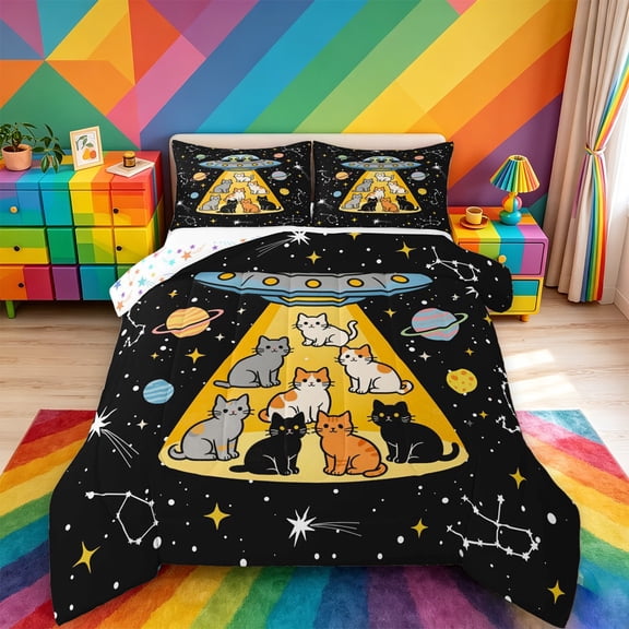 meiyoeat Cartoon Cat Galaxy Full Size Comforter Sets For Boys,Space Theme Kitten Print Bedding Comforter Set,Reversible,3pcs,1 Comforter and 2 Pillowcases