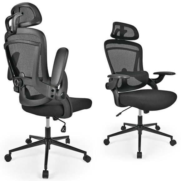 Ergonomic High Back Office Desk Chair, Mesh Swivel Executive Task Chair with Flip-Up Armrests, Adjustable 2D Headrest & Waist Rest