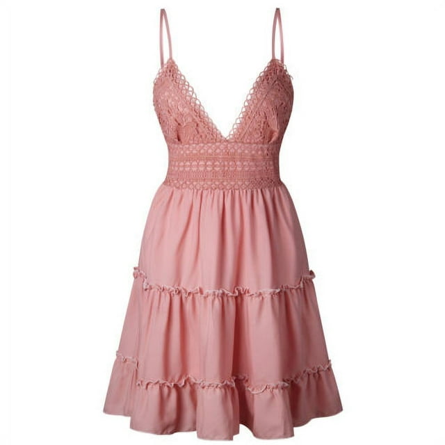 Femmes Plage Été Robe Spaghetti Sangle Sans Manches V-Cou Dos en Dentelle Patchwork Mini Robe
