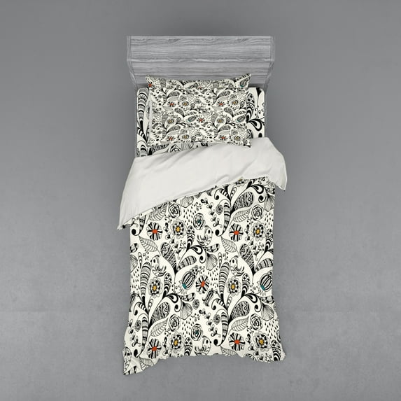 Ambesonne Floral Bedding Set 3 Pcs, Spring Foliage Ethnic, Twin XL, Cream Grey