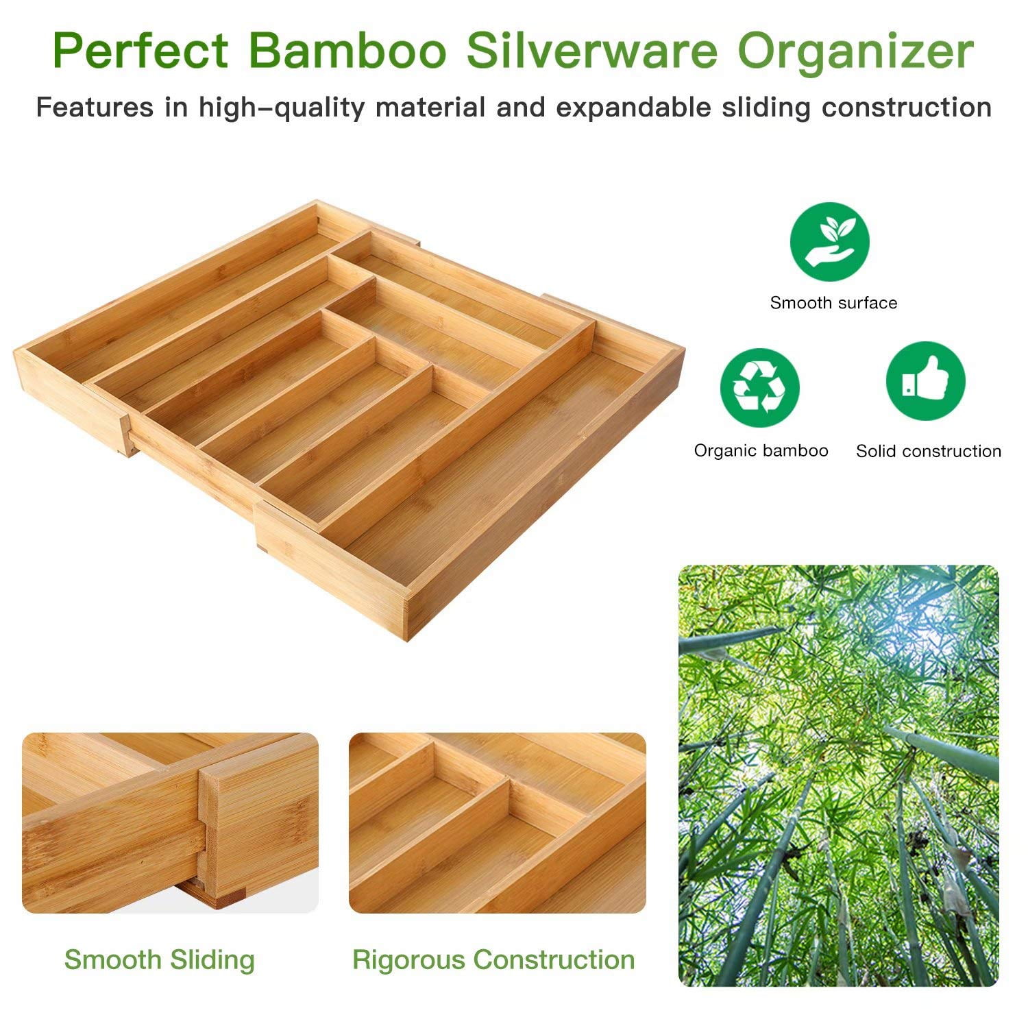 Bamboo Expandable Drawer Organizer for Utensils Holder, Adjustable Cutlery Tray, Wood Drawer Dividers Organizer for Silverware, Flatware, Knives in Kitchen, Bedroom, Living Room