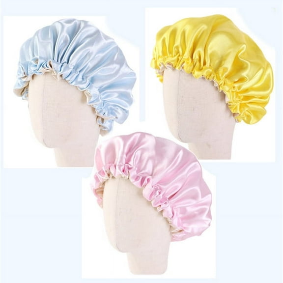 MesaSe 3 Pieces Three Colors Kids Night Sleep Caps, Adjustable Sleeping Hat Soft Silk Flower Night Hats for Natural Hair Teens Toddler Child Baby Reversible Double