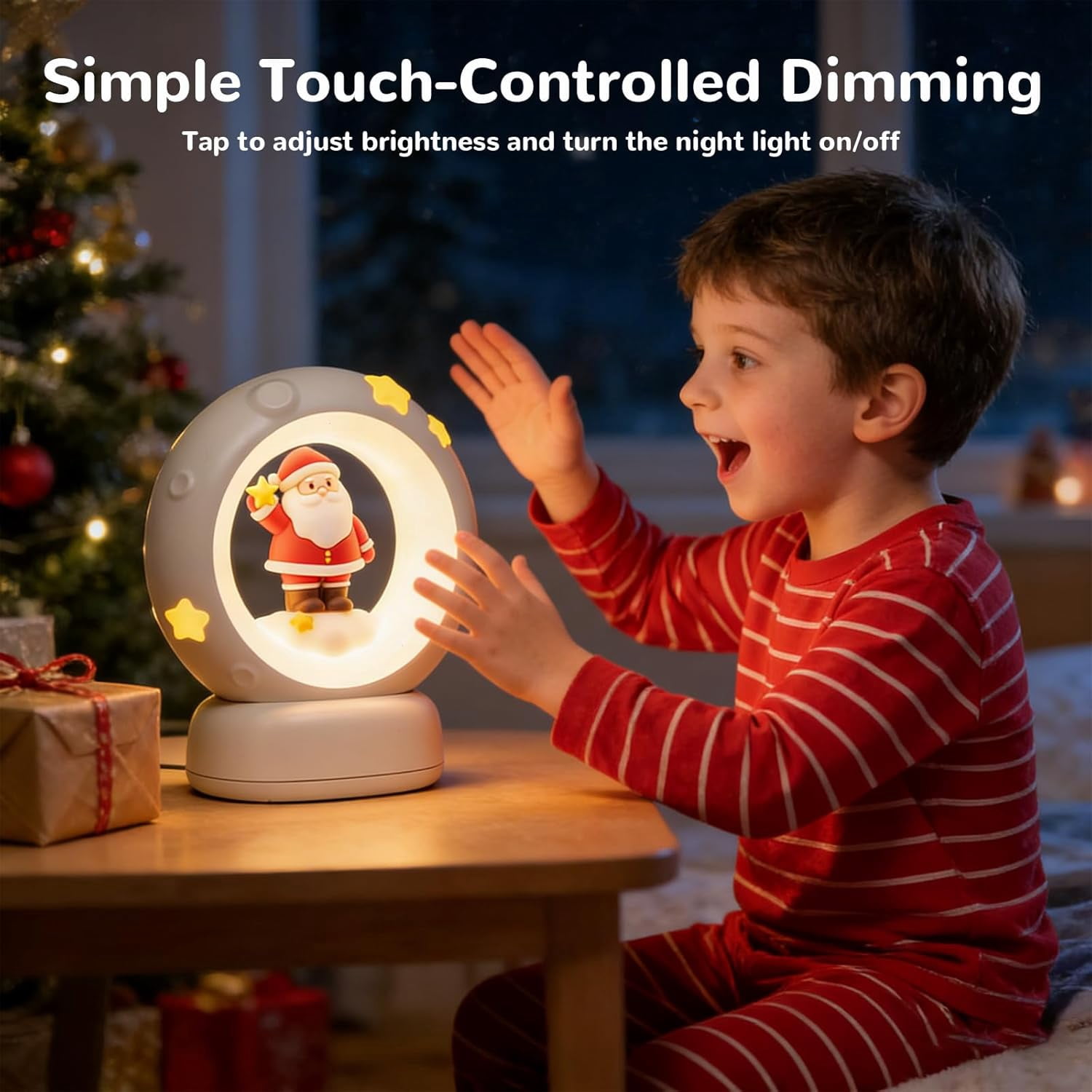 Space Christmas Night Light for Kids Baby, Cute Christmas Tree Nursery Lamp with Touch Sensor, Dimmable Rechargeable Bedside Light, Christmas Gifts for Boys Girls
