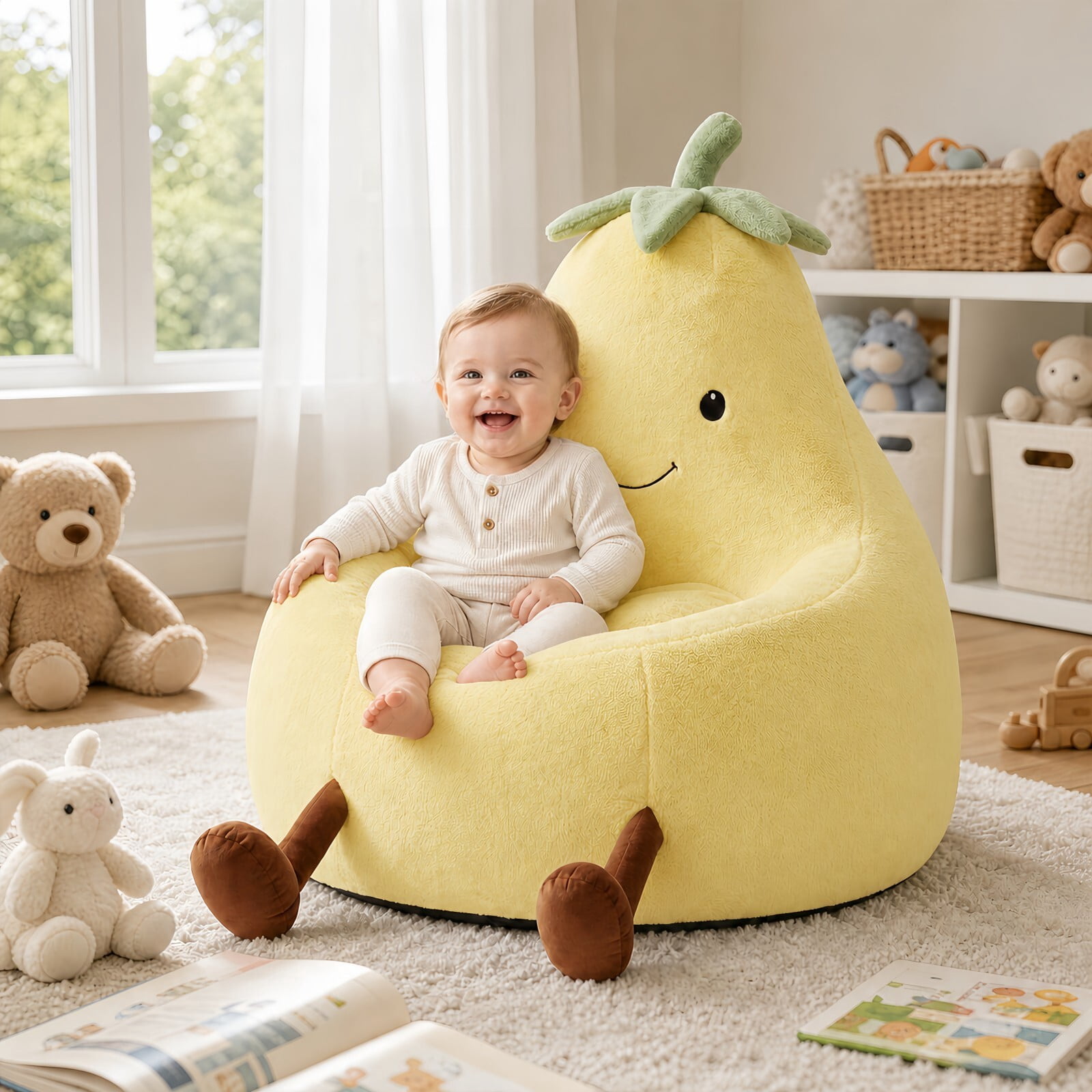 Kelno 24" Kids Bean Bag Chair Faux Rabbit Fur Lazy Chair Toddler Couch, Yellow