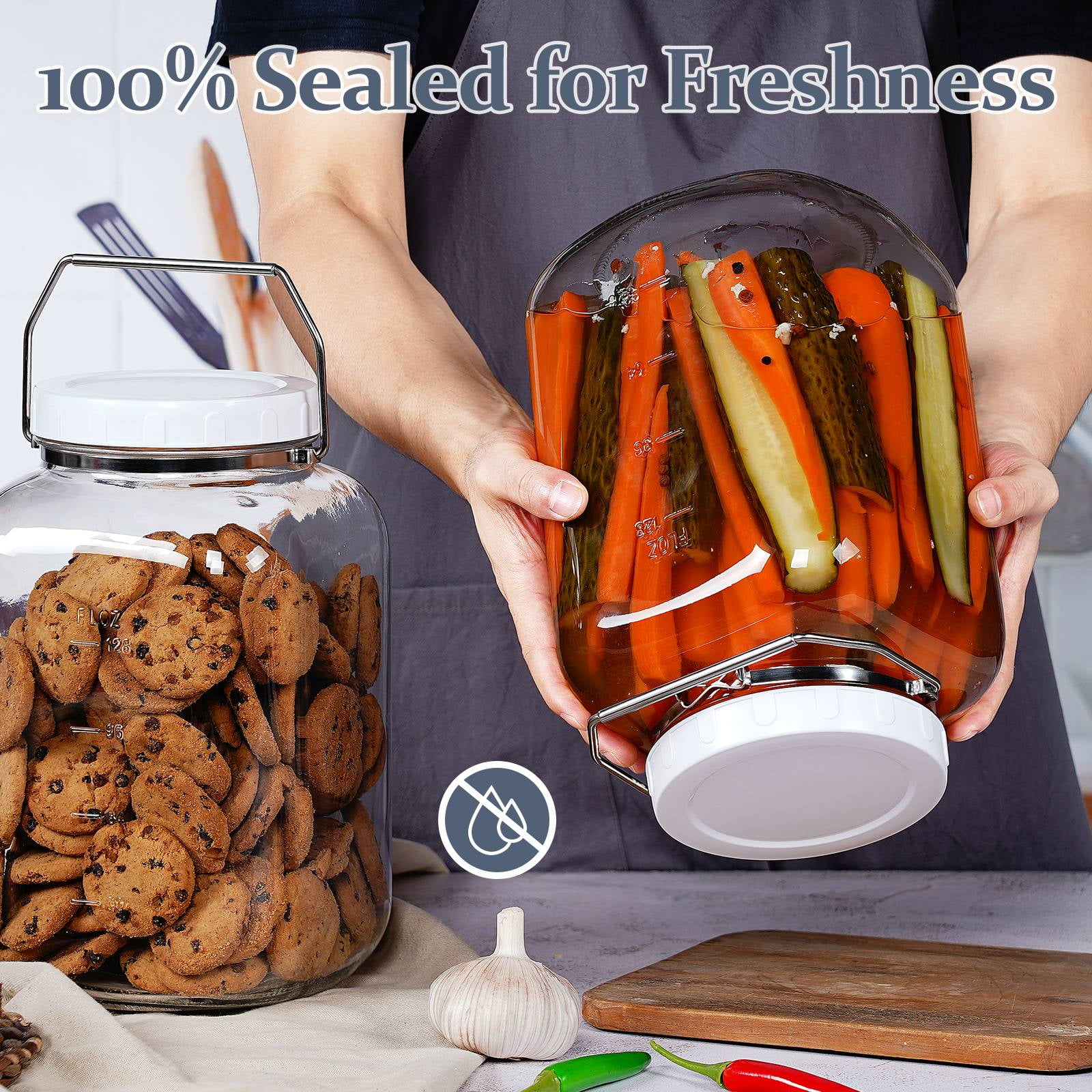 2 Pack 1.5 gal Syntic Glass Food Storage Containers with Lids and Handle, Gallon Jars for Pantry 192 oz Clear