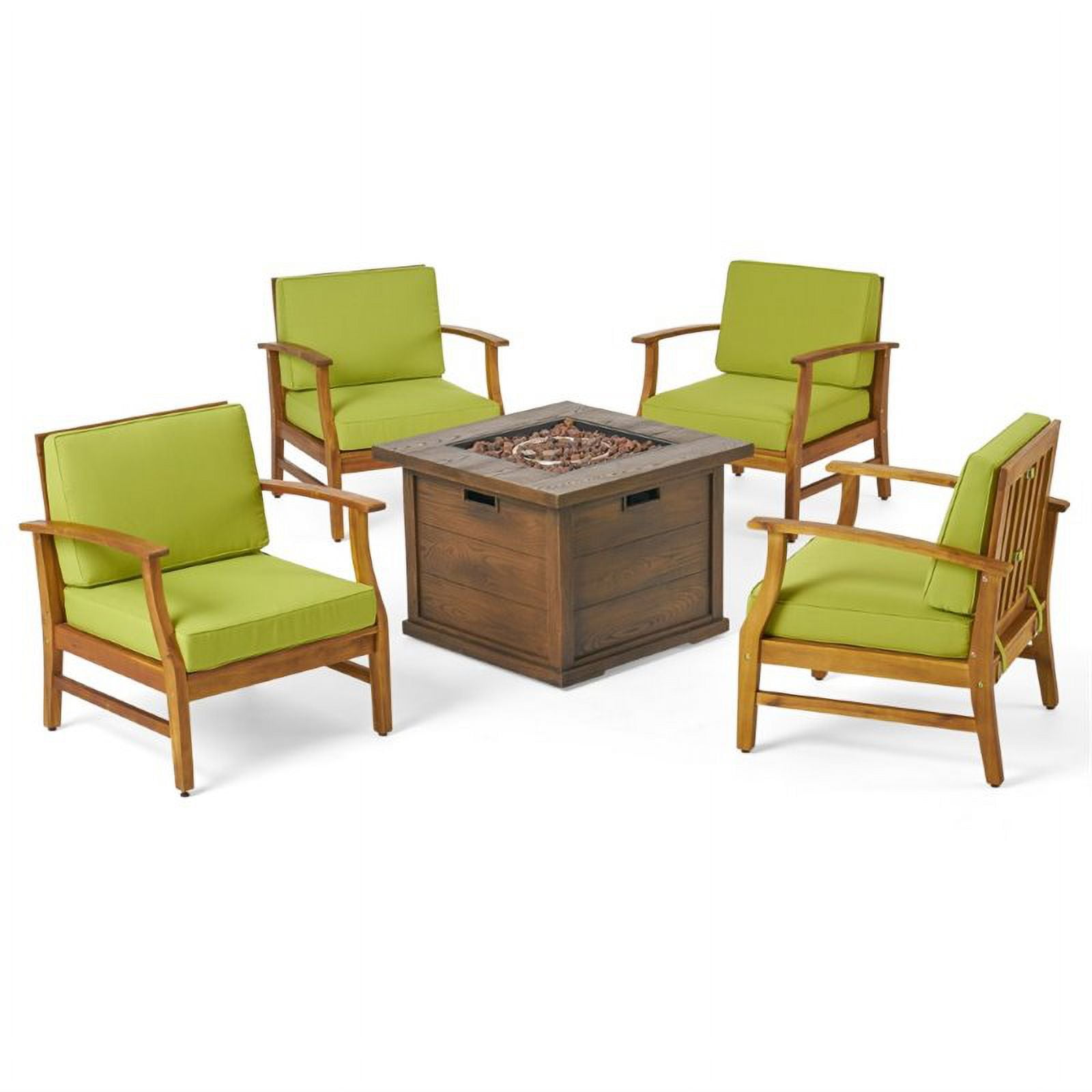 Havana Outdoor 4 Seater Acacia Wood Club Chairs with Cushions and Fire Pit, Teak, Green, Brown