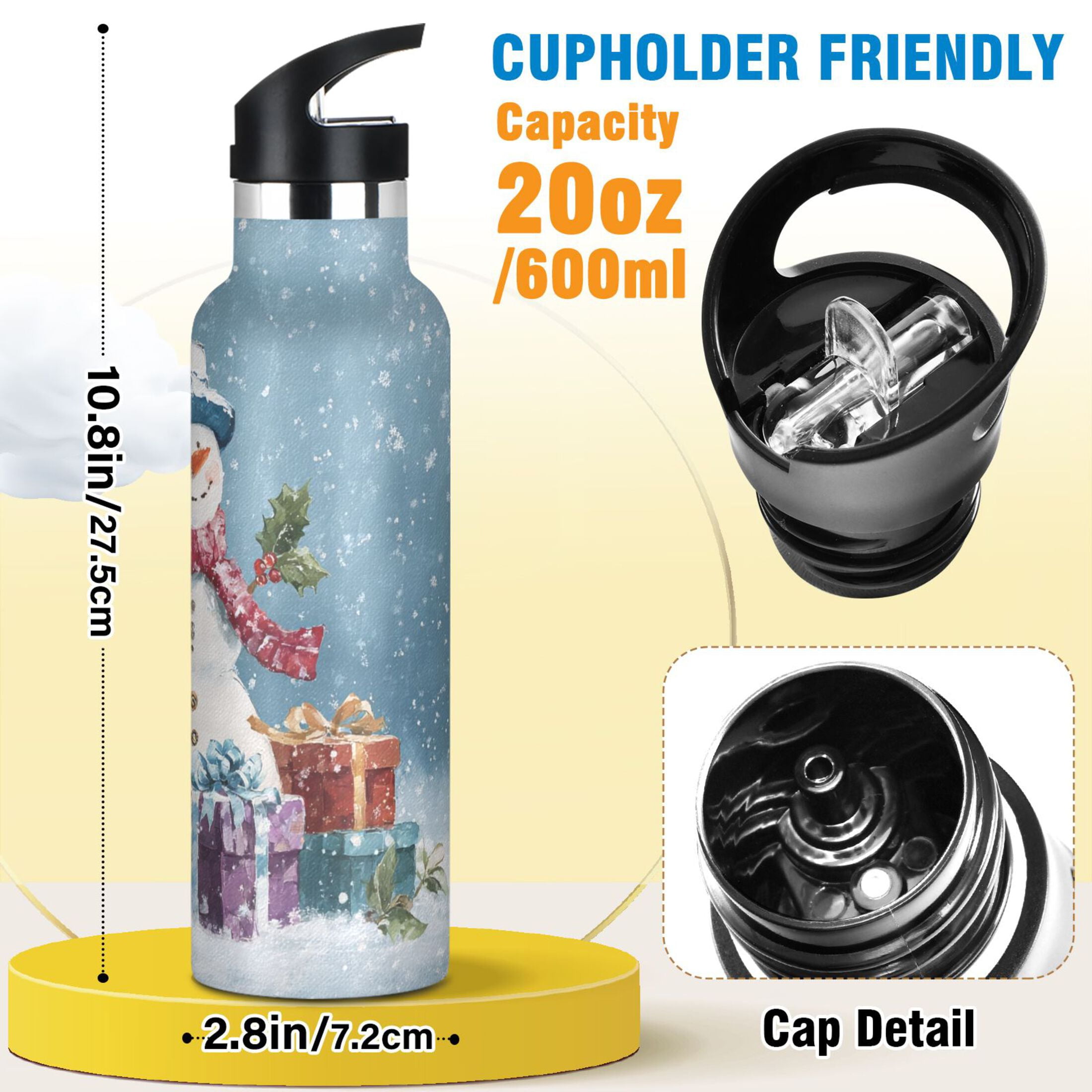 600ML Stainless Steel Insulated Cup Sports Water Bottle Portable Thermos Cup Water Glasses Insulated Tumblers Convenient and Durable Warm Christmas Snowman
