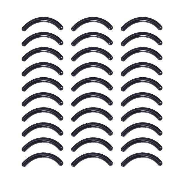 180pcs Eyelash Curler Pads Curler Replacement Refill Pads Eyelash Curler Cushions arranged in a grid. These black silicone pads are curved and designed for eyelash curlers, offering high elasticity and durability. Ideal as a makeup accessory for curling lashes effectively.