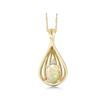 - 10K Yellow Gold 0.32 Ct Cabochon White Ethiopian Opal Diamond Pendant With Chain