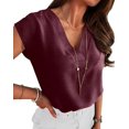 thumbnail image 2 of Women Tops Cap Sleeve Textured Dressy Casual V Neck Shirts Summer Business Work Blouses Outfits Red M, 2 of 8