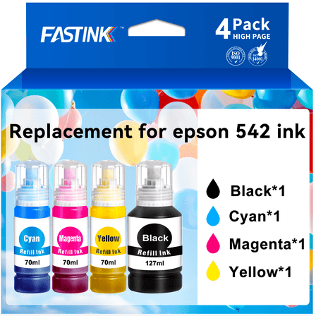 FASTINK Ink Bottle Replacement for Epson 542 Ink Refill Bottles for ET-5800 ET-5850 ET-5880 ET-16600 ET-16650 (4 Pack)