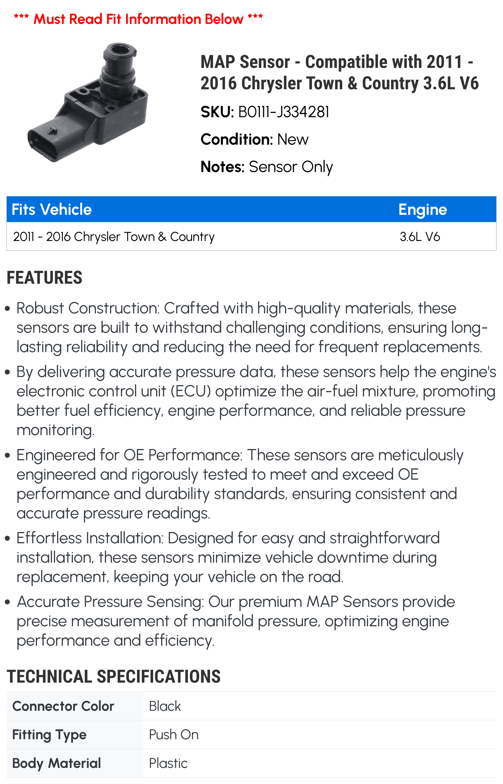 MAP Sensor - Compatible with 2011 - 2016 Chrysler Town & Country 3.6L V6 2012 2013 2014 2015