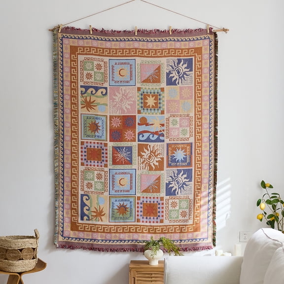 Sun Totem Tapestry Nordic Style Fabric Wall Decoration Background Cloth Cotton Yarn Tassel Hanging Cloth