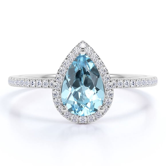 Anillo de Compromiso JeenMata 1 Ct Piedra de Nacimiento de Marzo Corte de Pera Baño de Oro Blanco 18 K sobre Plata