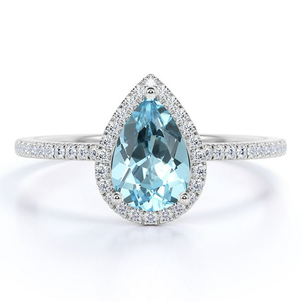 Anillo de Compromiso JeenMata 1 Quilate Piedra de Nacimiento Marzo Corte Pera Oro Blanco 18K sobre Plata