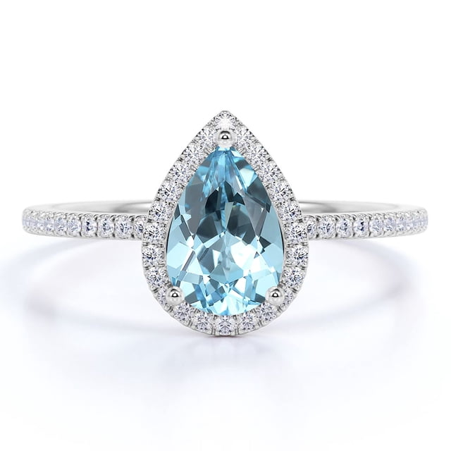 Anillo de Compromiso JeenMata 1 Ct Piedra de Nacimiento de Marzo Corte de Pera Baño de Oro Blanco 18 K sobre Plata