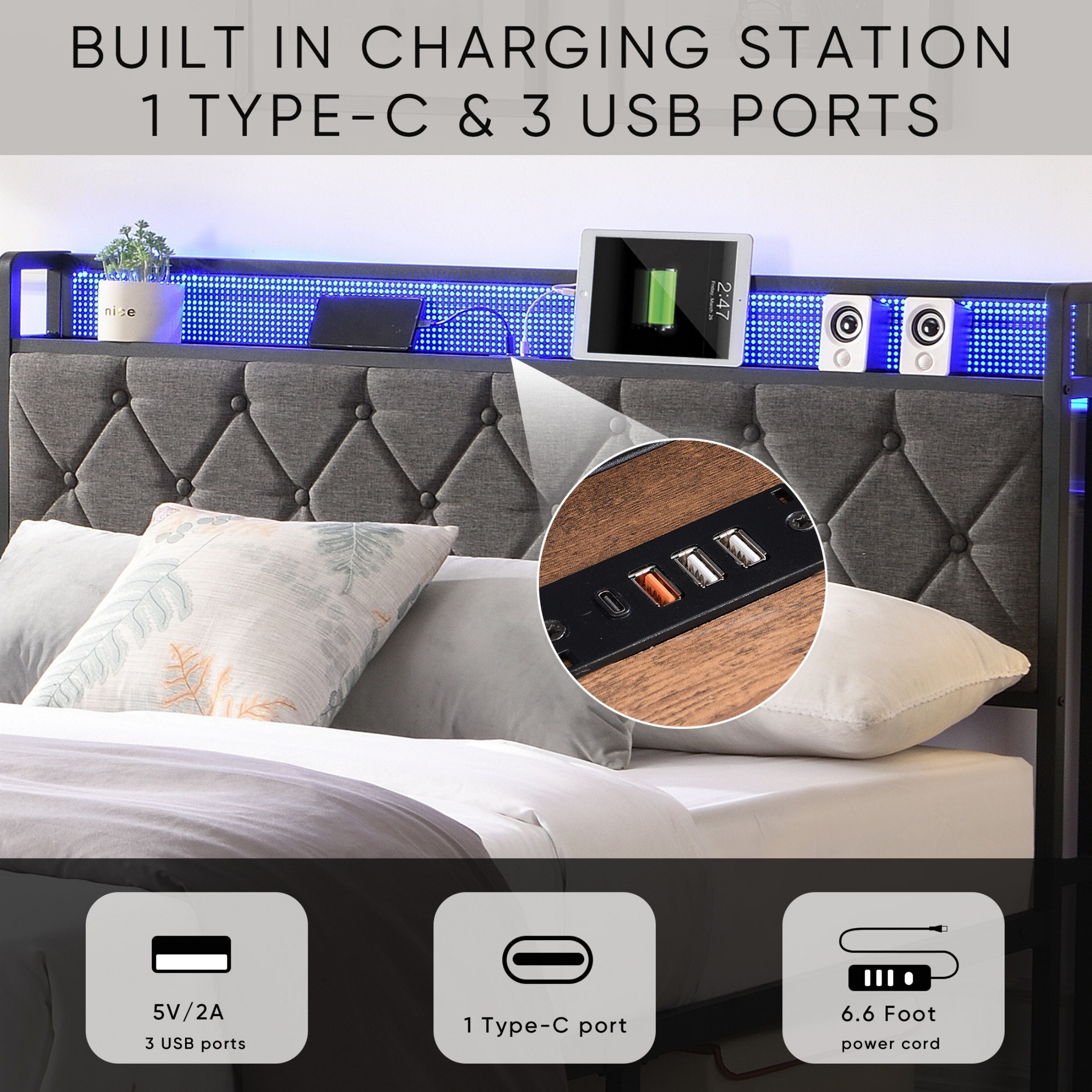 AENKYO Full Size Bed Frame Upholstered Backrest Bed with LED Lights, Platform Bed Frame with Charging Station, Dark Gray