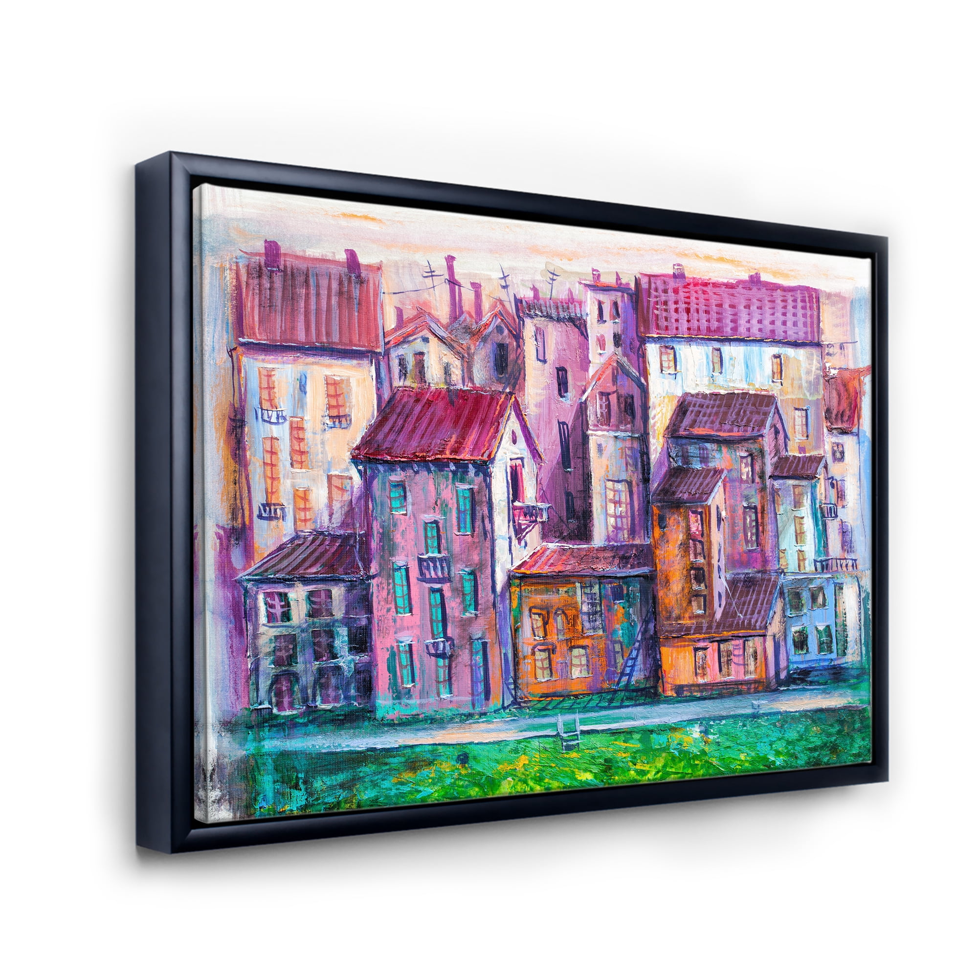 Designart 'Street With Colorful Old Homes Landscape' Modern Framed Canvas Wall Art Print