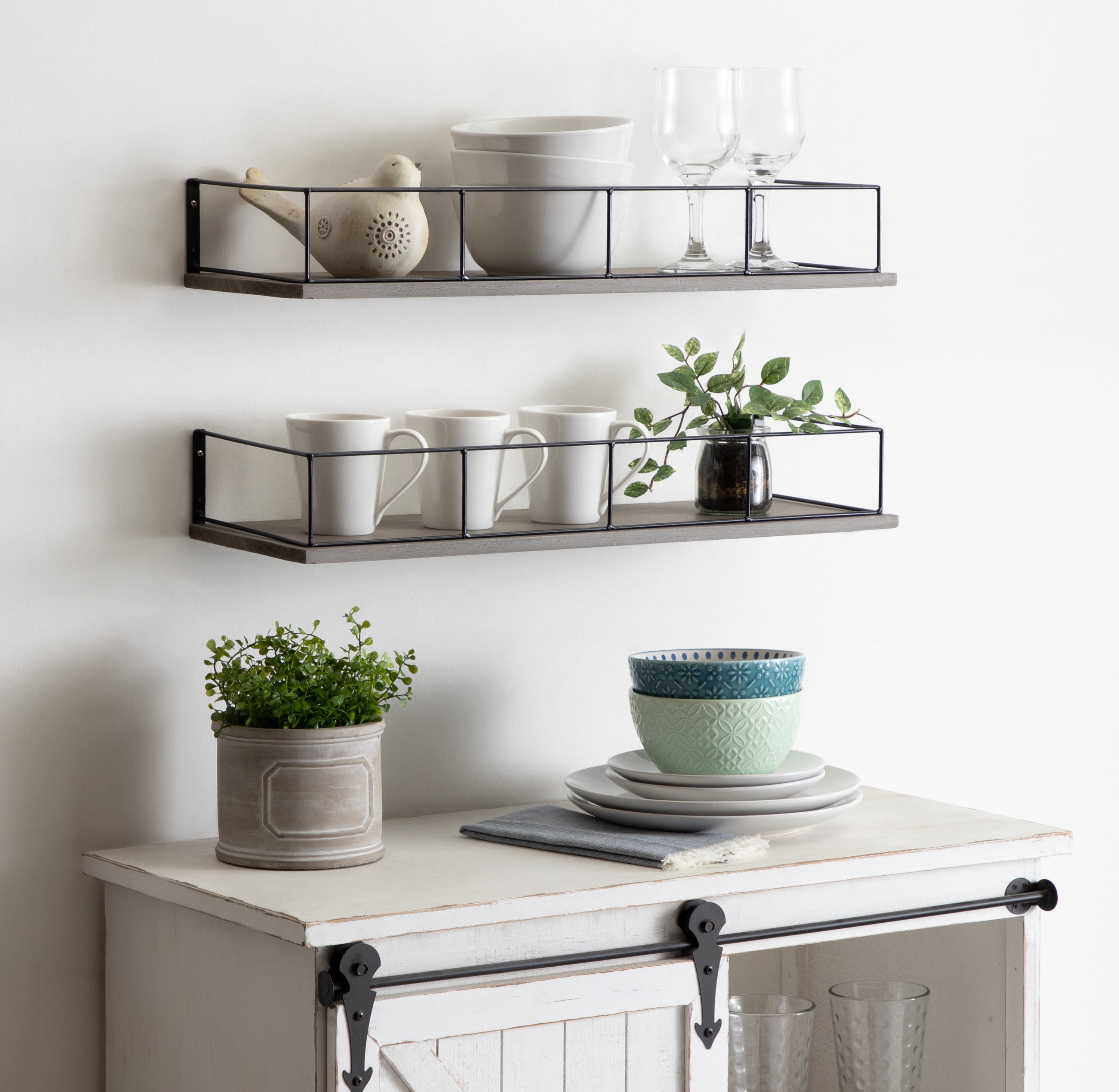Kate and Laurel Benbrook Wood Wall Shelf, 24" x 8", Gray and Black, Rustic Farmhouse Storage