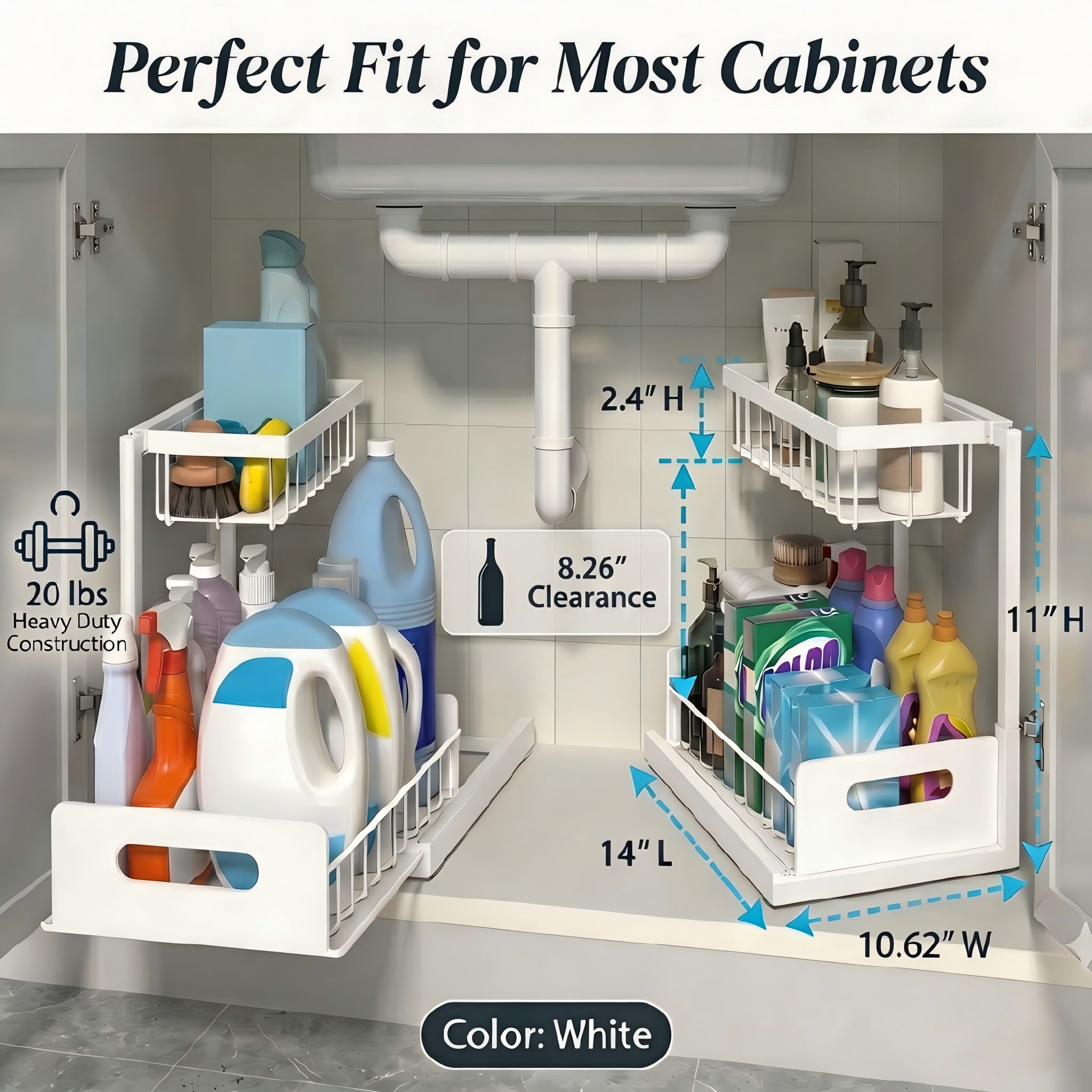 L-Shaped Under Sink Organizer, 2 Tier Pull Out Cabinet Organizer, Heavy Duty Metal Storage with Slide Out Drawer, Holds 50 Lbs, Rust-Proof Bathroom & Kitchen Sink Rack, White