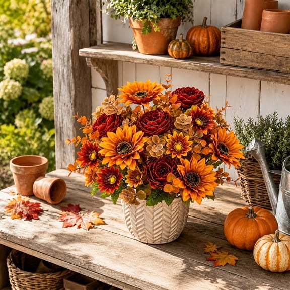 Fall Floral Decor, Artificial Sunflower and Peony Branch Arrangement with Realistic Blooms for Vase Centerpiece and Thanksgiving Display, Lifelike Floral Accents