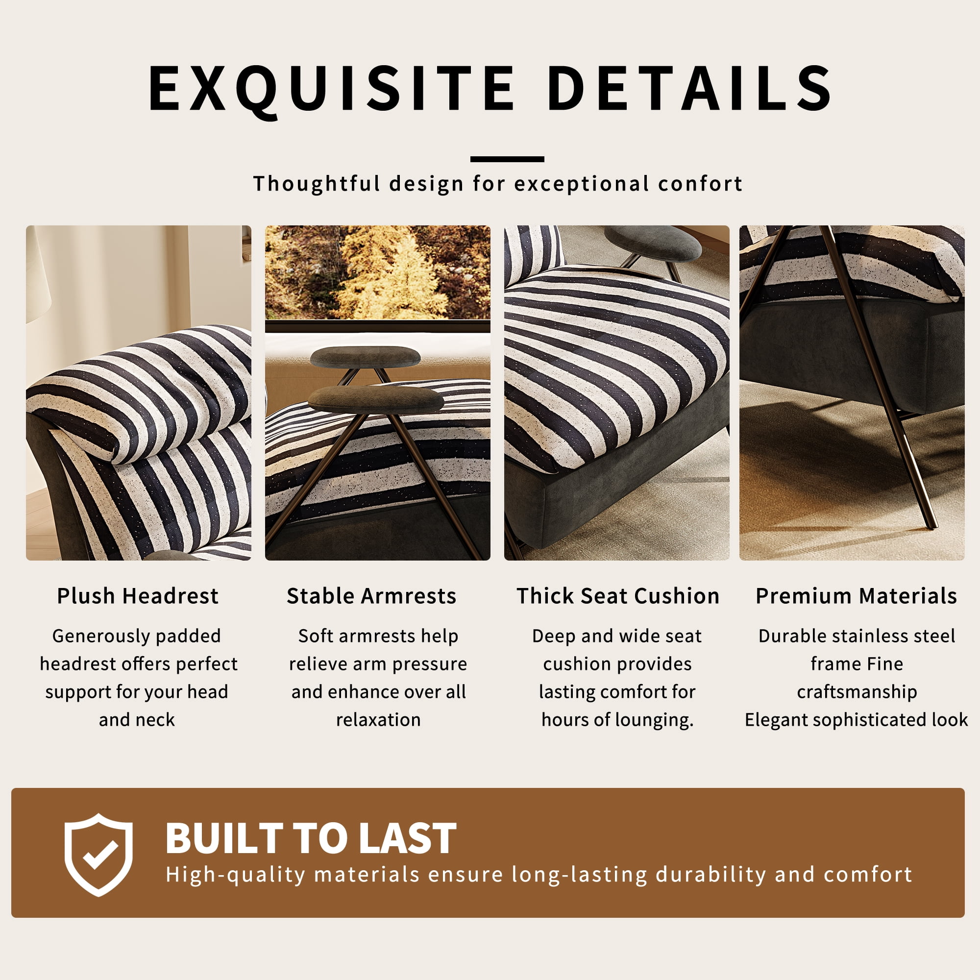 Howcool Modern Upholstered Accent Chair,Armchair with Wide Cushioned Seat,Ergonomic Lounge Chair with Solid Wood Frame for Living Room,Bedroom,Grey striped