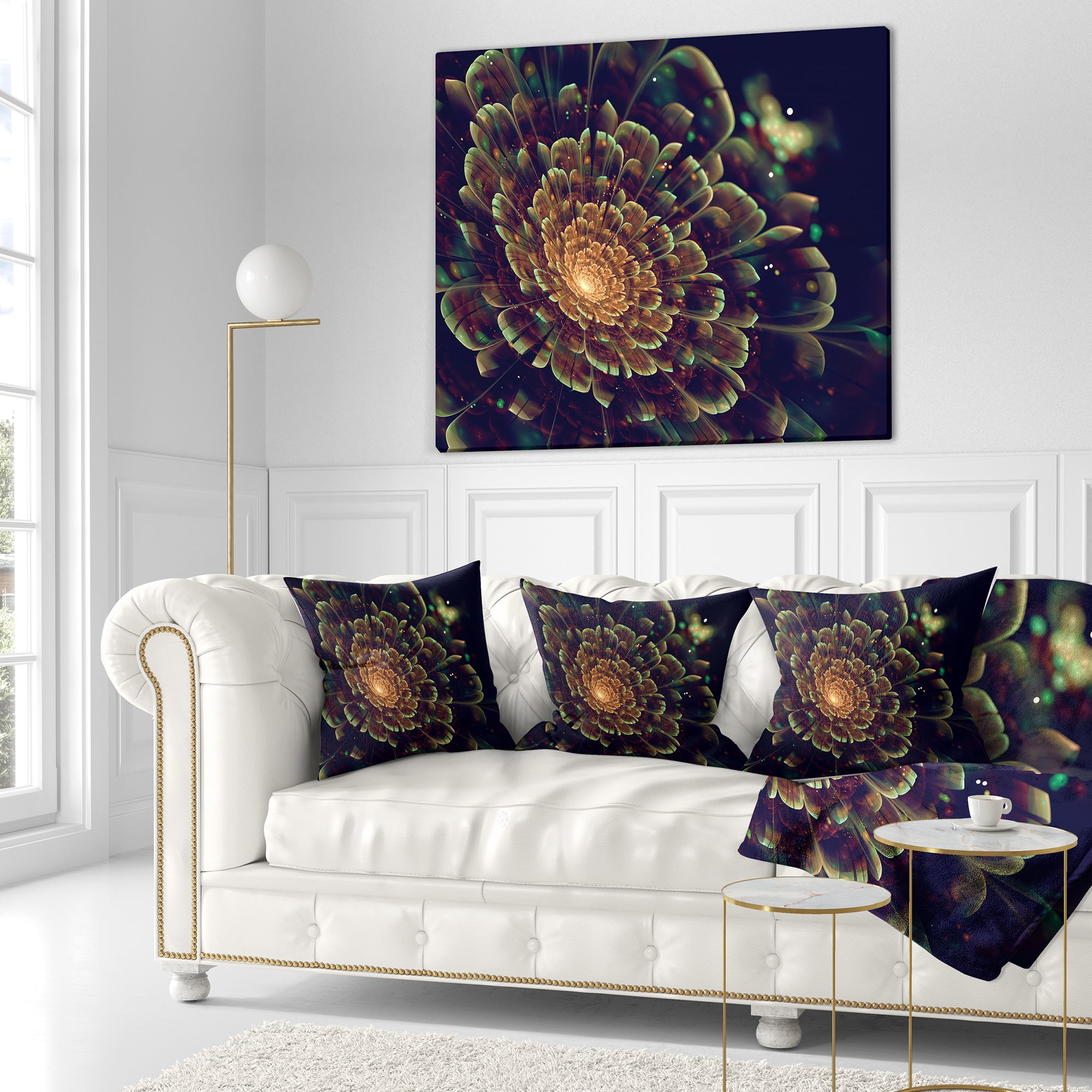 Designart Orange Metallic Fractal Flower - Abstract Throw Pillow - 16x16