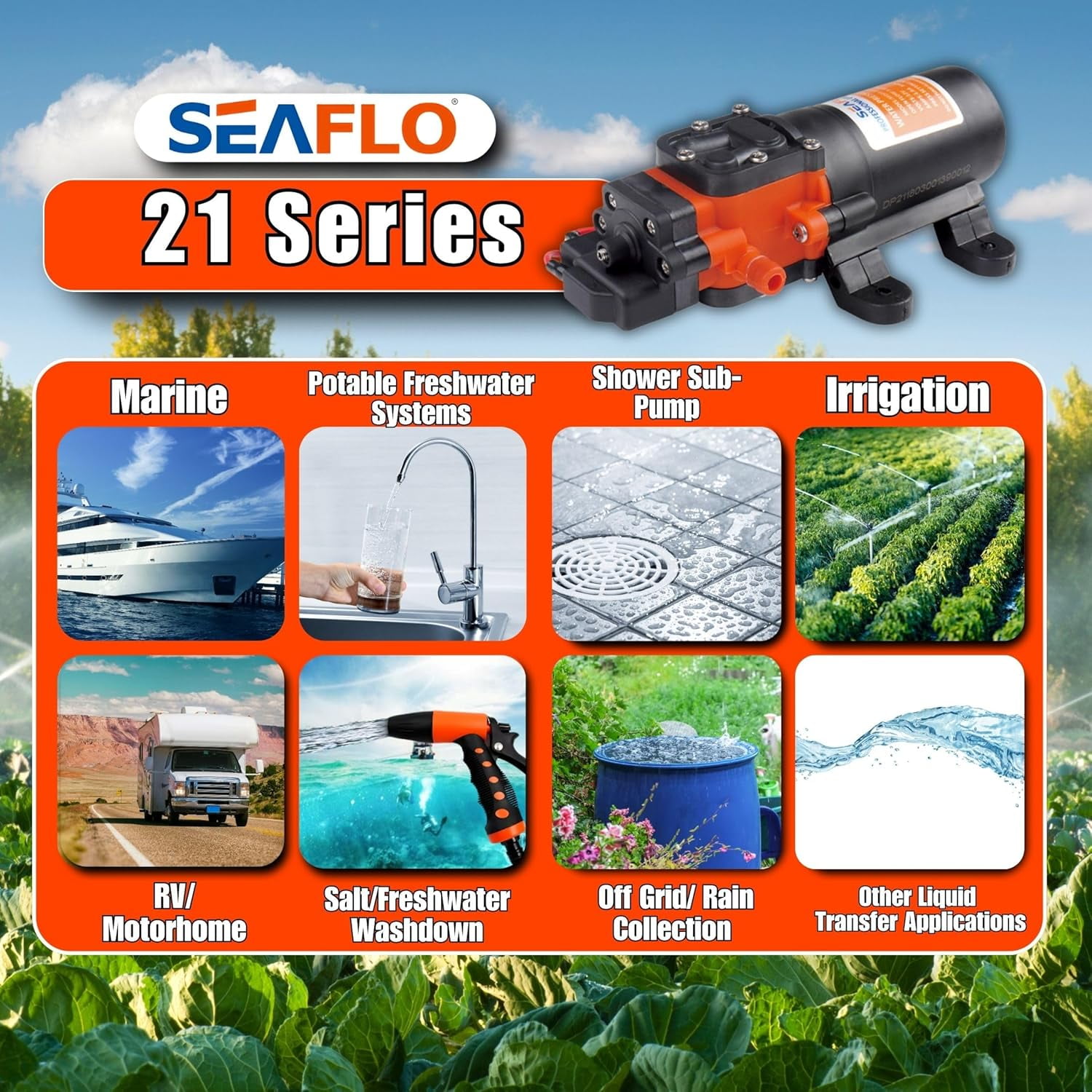 SEAFLO 24V DC 1.2 GPM 35 PSI 21-Series Diaphragm Water Pressure Pump for Marine Boat RV Caravan